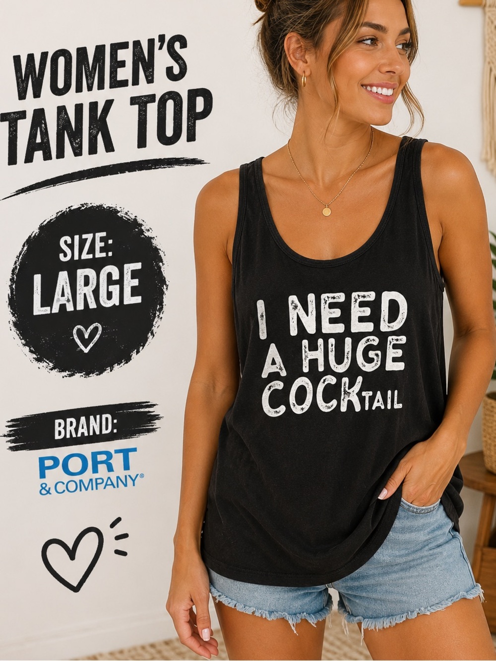 COCKTAIL Hand Crafted Black Tank Top with White Graphic LARGE